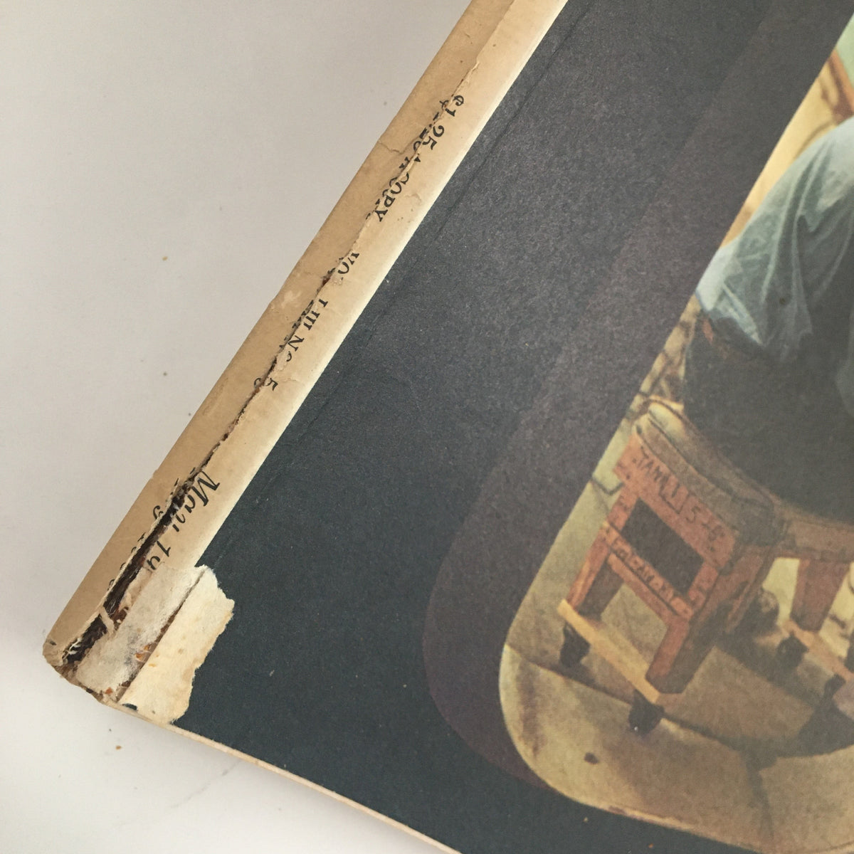 Close-up of the spine of Fortune Magazine May 1956, showcasing minor wear and age-related imperfections, part of the collection themed 'Pittsburgh Plate in the New Age of Glass'.