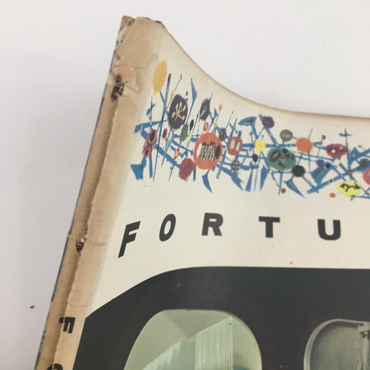 Top view of the cover of Fortune Magazine May 1956, featuring a colorful design and title, underlining its historical significance in the theme 'Pittsburgh Plate in the New Age of Glass'.