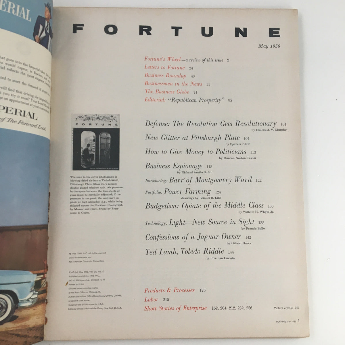 Interior page of Fortune Magazine May 1956 displaying the table of contents and article titles, reflecting the cultural and industrial themes of the 'Pittsburgh Plate in the New Age of Glass'.