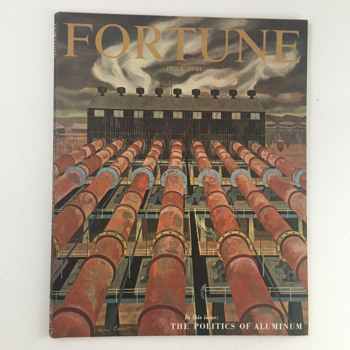 Fortune Magazine June 1951 cover featuring a striking illustration related to the 'Politics of Aluminum,' showcasing industrial pipes and structures, capturing mid-20th century economic themes.
