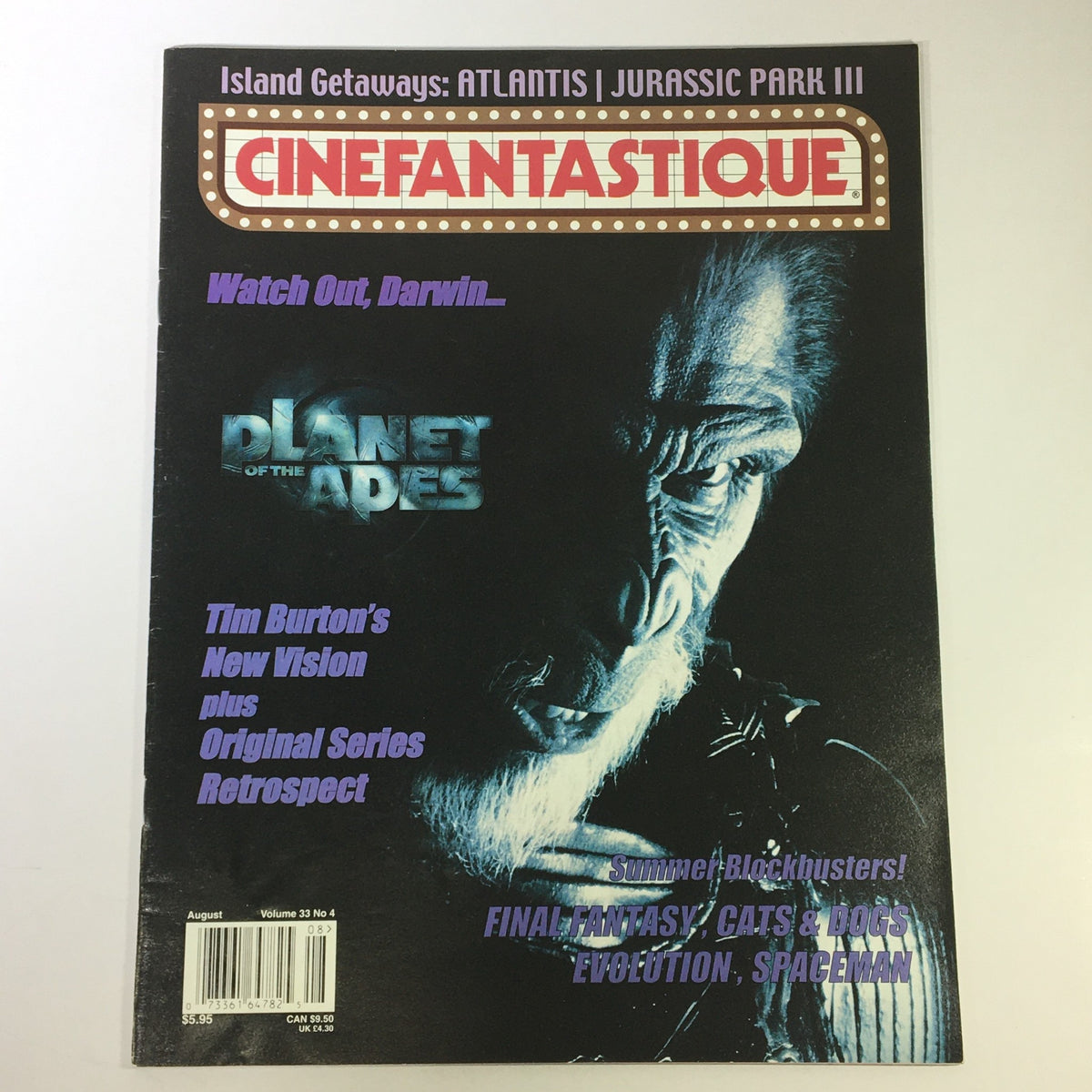 Cinefantastique August 2001 Vol 33 #4 magazine cover featuring Tim Burton's Planet of the Apes, showcasing an iconic character from the film with a dramatic background and bold titles.