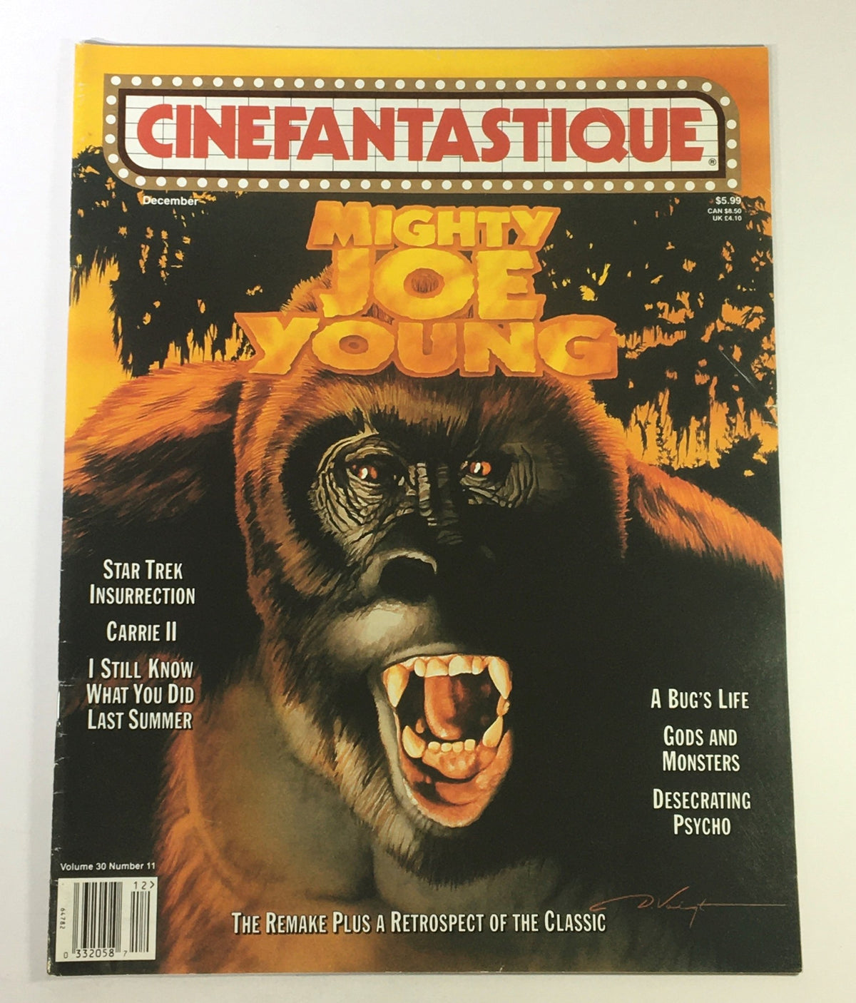 Cover of Cinefantastique December 1998 Vol 30 #11 featuring Mighty Joe Young, with illustrations of giant gorillas and imagery from Gods and Monsters, highlighting key film titles. Contains text detailing articles and reviews.