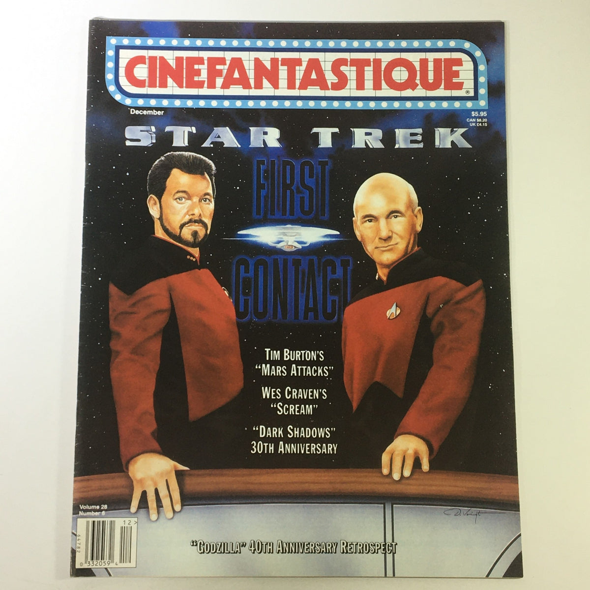 Cinefantastique December 1996 Vol 28 #6 magazine cover featuring articles on Tim Burton's Mars Attacks and Wes Craven's Scream, highlighting Star Trek First Contact, and celebrating Dark Shadows' 30th Anniversary.