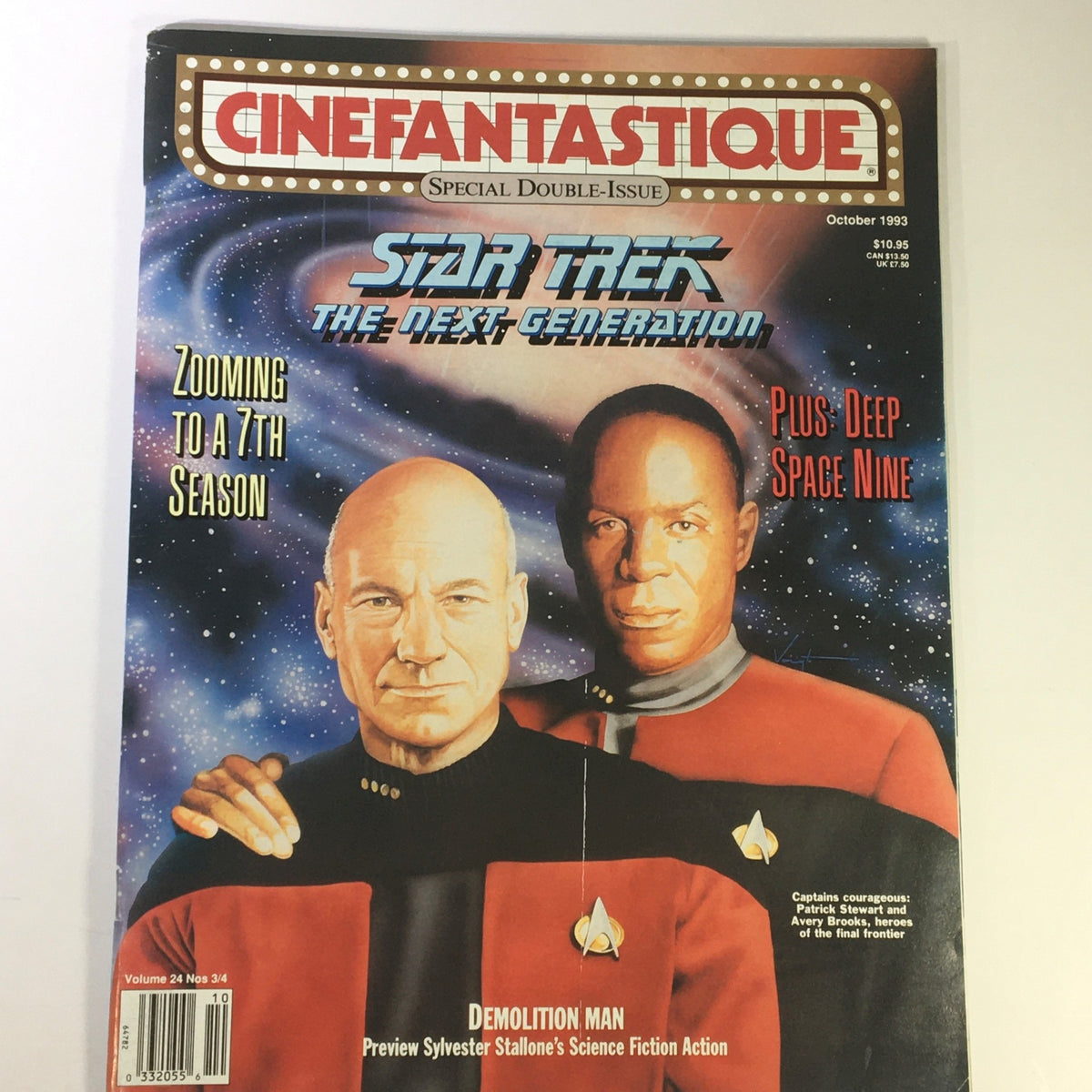 Cinefantastique October 1993 Vol 24 #3 #4 featuring Patrick Stewart and Avery Brooks on the cover, promoting Star Trek: The Next Generation and Deep Space Nine, with a background highlighting the themes of science fiction.