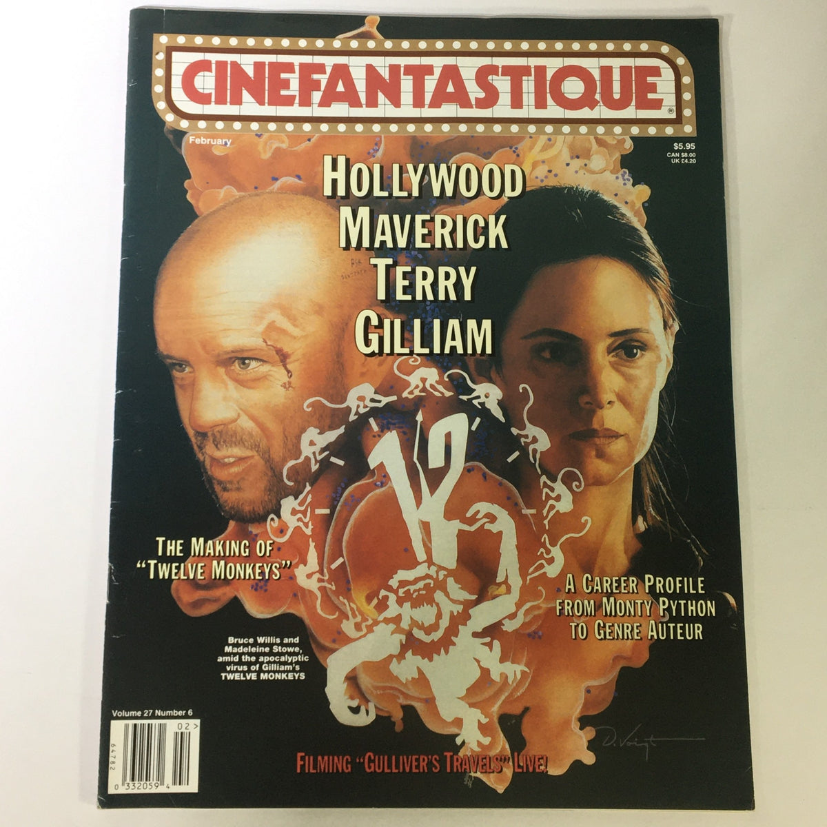 Cinefantastique February 1996 Vol 27 #6 magazine cover featuring Bruce Willis and Madelaine Stowe, showcasing Hollywood insights, including a feature on 'Twelve Monkeys' and Terry Gilliam.