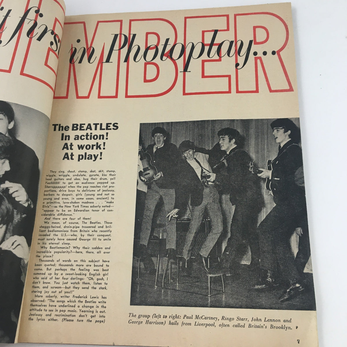 Inside page of Photoplay Magazine April 1964 featuring The Beatles with a description of their rise to fame and popularity, showcasing a historical moment in music.