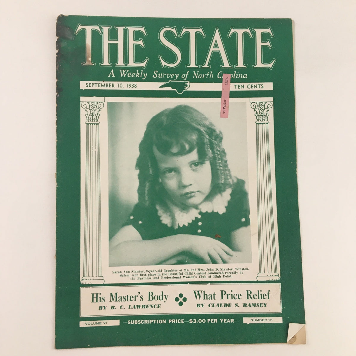 The State Magazine cover from September 10, 1938 featuring a portrait of Sarah Ann Slawter, showcasing the publication's vintage design.