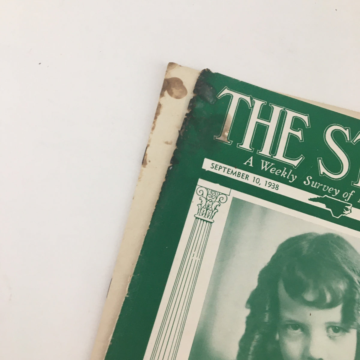 Close-up view of The State Magazine cover from September 10, 1938 highlighting the title and features of the magazine.