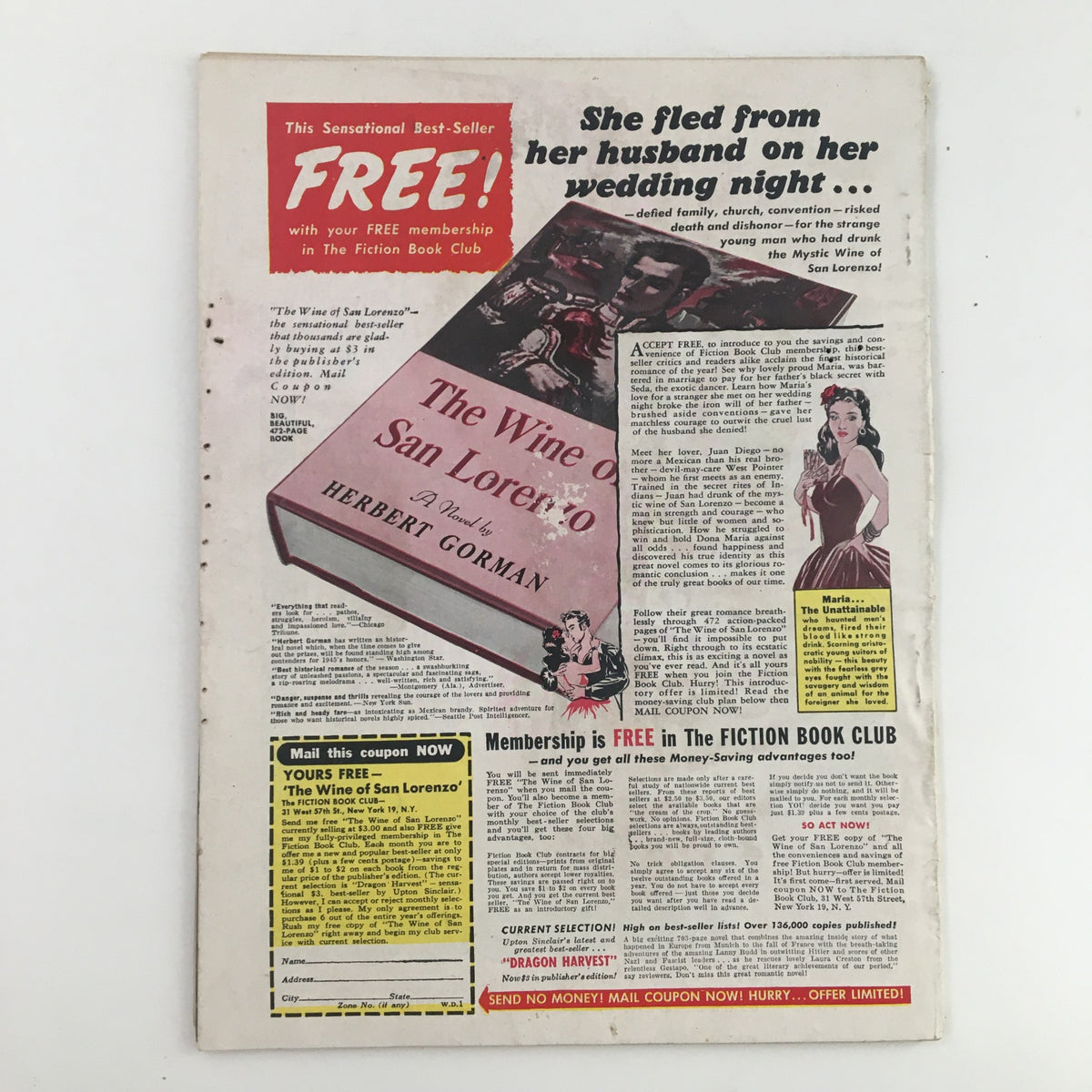 Back cover of the Woman's Day Magazine January 1946 featuring an advertisement for 'The Wine of San Lorenzo' book.