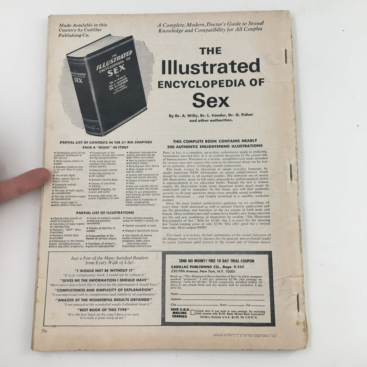 Back cover of The Illustrated Encyclopedia of Sex showcasing list of contents and illustrations, presented in a vintage style.