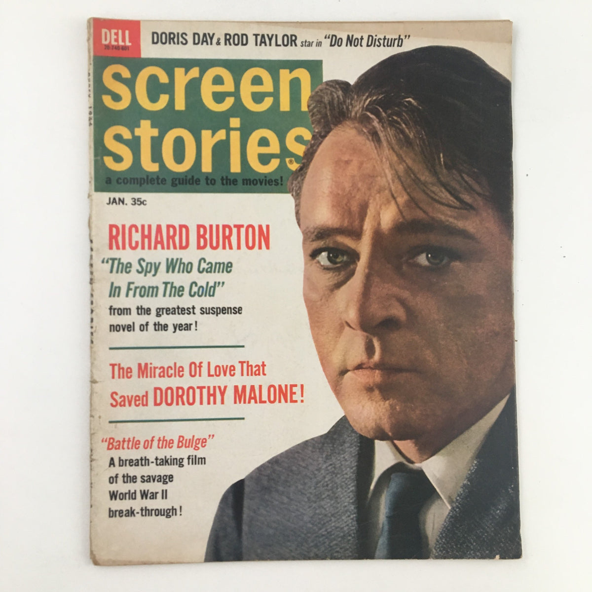 Cover of Screen Stories Magazine, January 1966 featuring Richard Burton, highlighting his role in 'The Spy Who Came In From The Cold'. Vintage collectible magazine showcasing classic cinema.