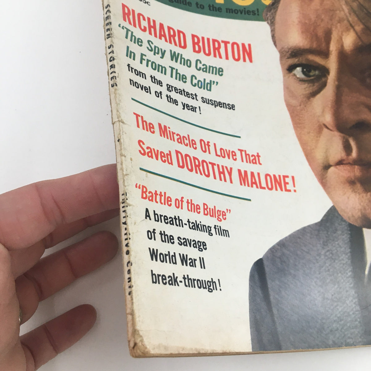 Side view of the Screen Stories Magazine January 1966 cover emphasizing Richard Burton and Dorothy Malone, illustrating the magazine's vintage condition and details.