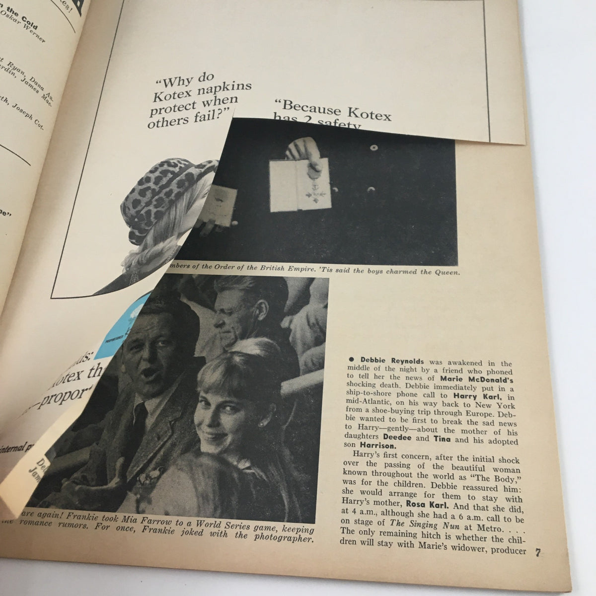 Interior page of Screen Stories Magazine January 1966 displaying advertisements and content related to film stars, including an article about Debbie Reynolds.