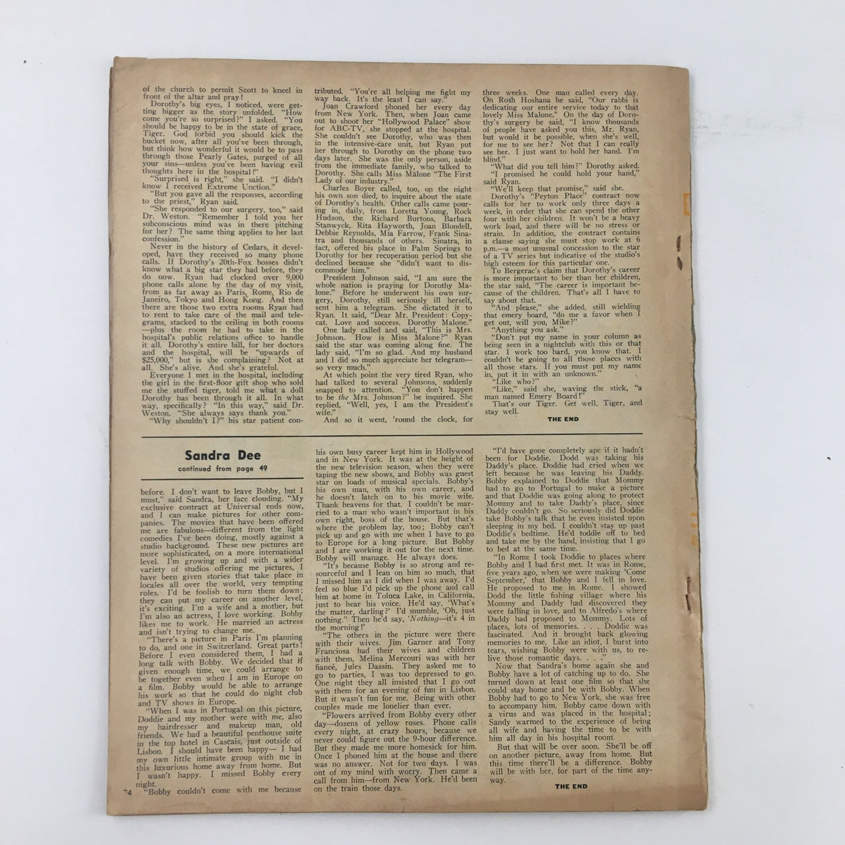Final interior page of Screen Stories Magazine January 1966 with text discussing Sandra Dee and capturing the essence of the magazine's vintage content.