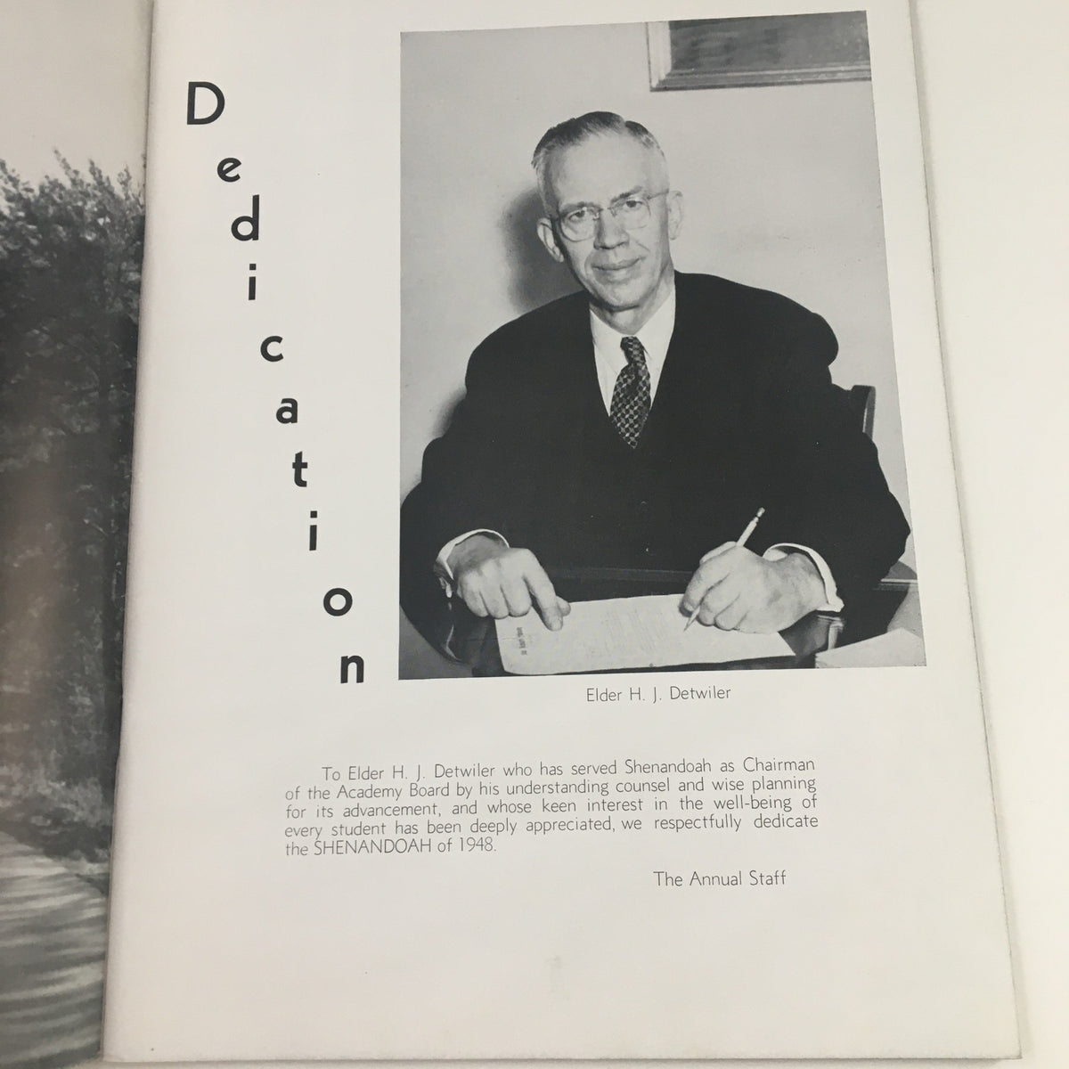 Dedication page of the 1948 Shenandoah Valley Academy School Program honoring Elder H. J. Detwiler.