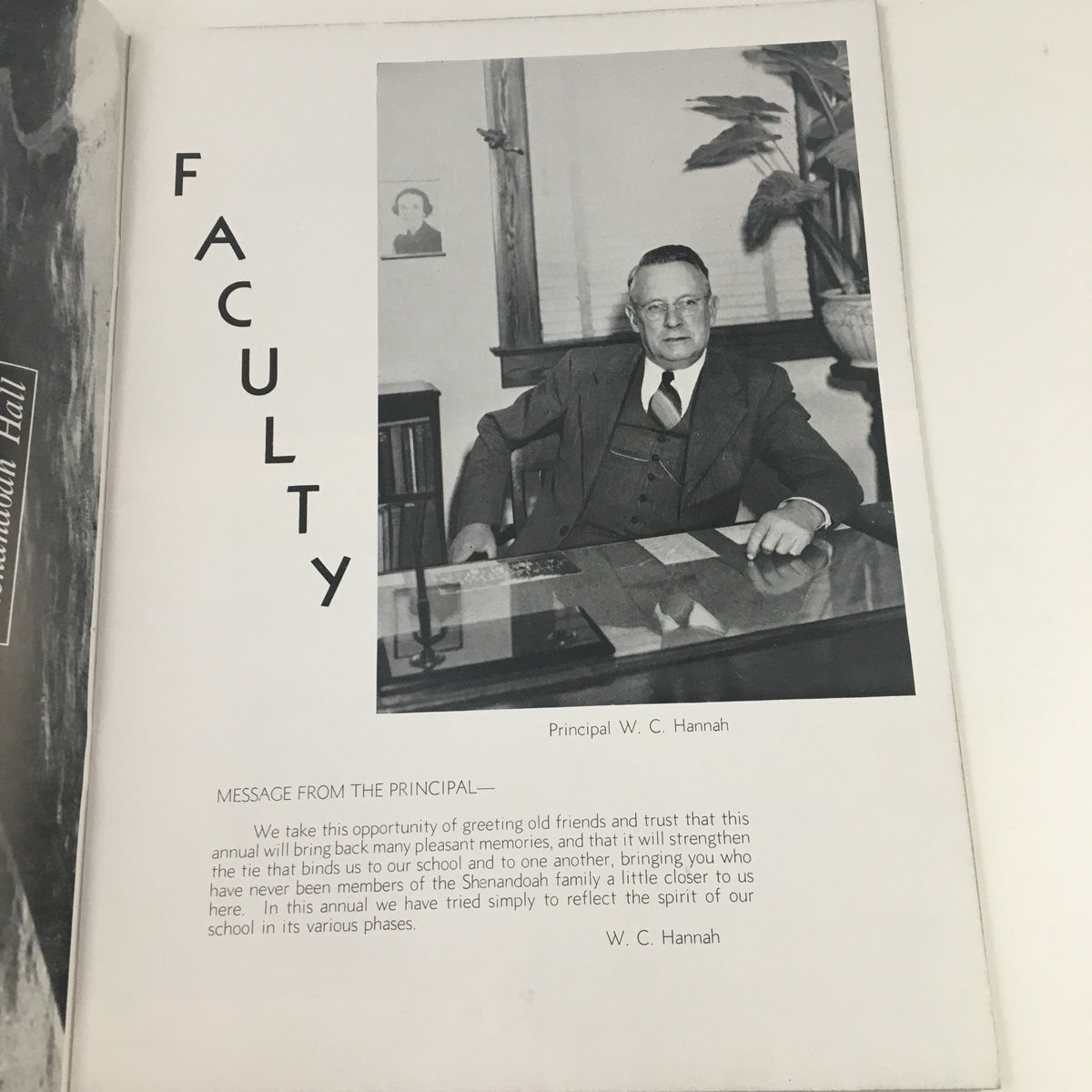 Faculty page from the 1948 Shenandoah Valley Academy School Program featuring Principal W. C. Hannah.