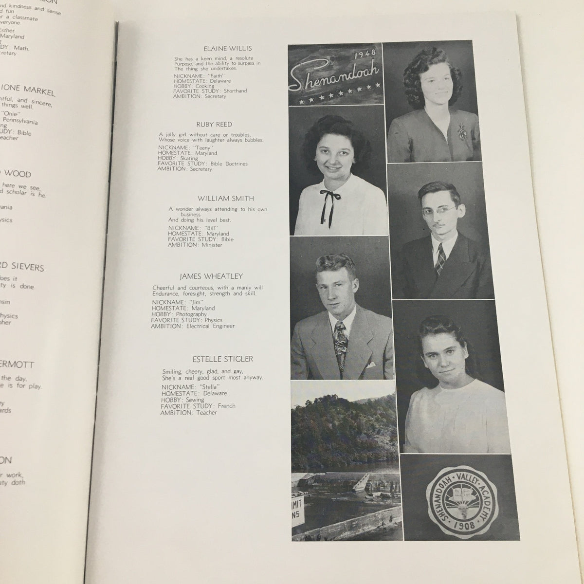 Individual photographs of students from the 1948 Shenandoah Valley Academy School Program.