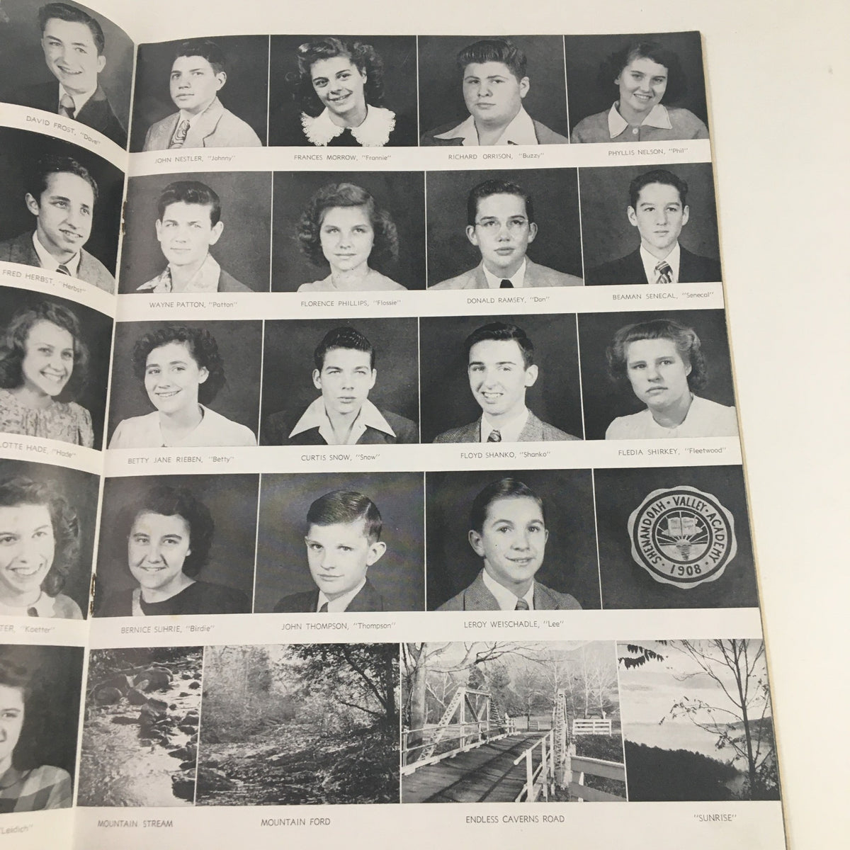 1948 Shenandoah Valley Academy School Program image showcasing a collage of students, including Betty Jane Reeder and Josh Thompson, along with scenic views of Mountain Stream and Endless Caverns Road.
