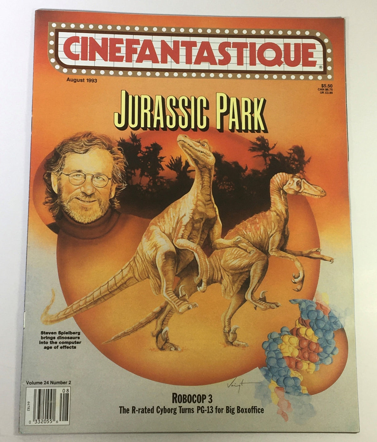 Cinefantastique August 1993 Vol 24 #2 featuring Steven Spielberg's Jurassic Park movie cover with illustrations of dinosaurs and a portrait of Spielberg, highlighting the film's excitement and creativity.