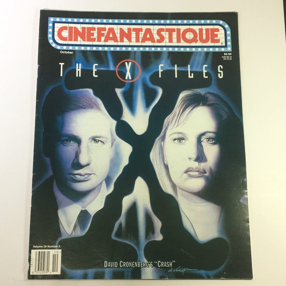 Cinefantastique October 1996 Vol 28 #3 featuring David Duchovny and Gillian Anderson on the cover, showcasing The X-Files theme, with distinct artwork and title prominently displayed.