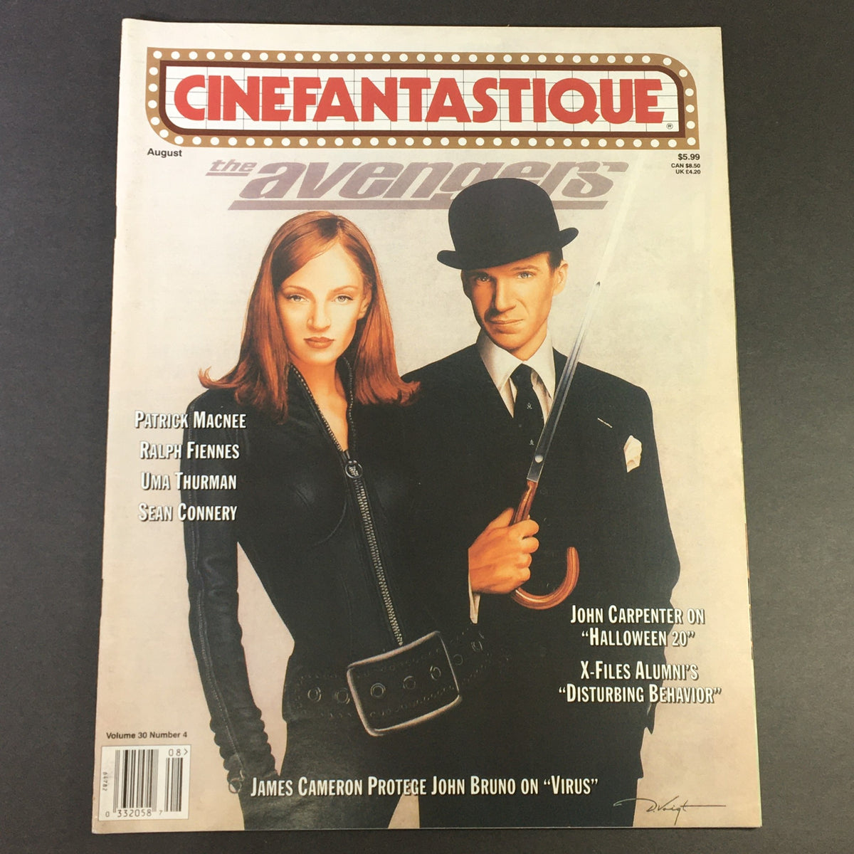 Cinefantastique August 1998 Vol 30 #4 featuring Uma Thurman and Ralph Fiennes on the cover, highlighting their roles in The Avengers. The magazine showcases the cinematic landscape of the late 90s with interviews and behind-the-scenes insights.