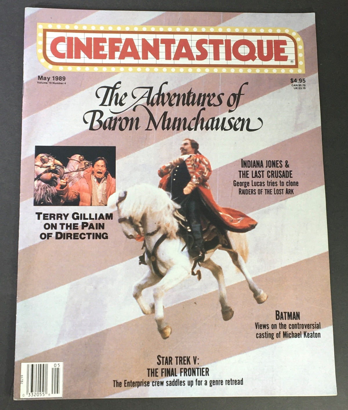 Cinefantastique May 1989 Vol 19 #4 cover featuring The Adventures of Baron Munchausen, with highlights on Terry Gilliam's directing, alongside mentions of Indiana Jones and Batman.