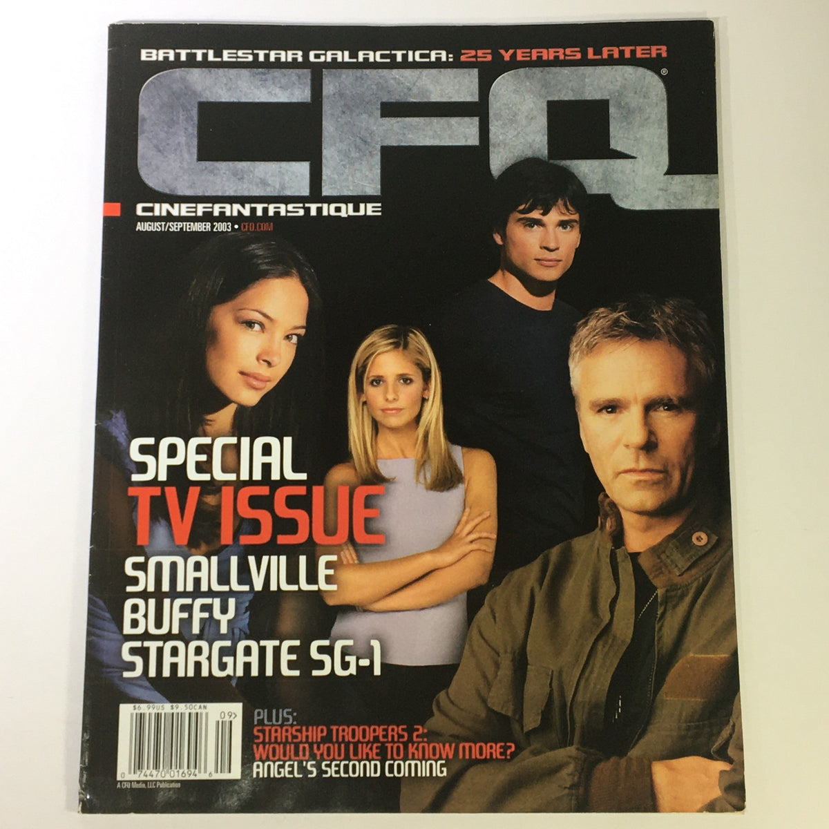 Cinefantastique August September 2003 Vol 35 #4 magazine cover featuring Tom Welling, Kristin Kreuk, and other cast members from Smallville, with a focus on TV issues like Stargate SG-1 and Battlestar Galactica.