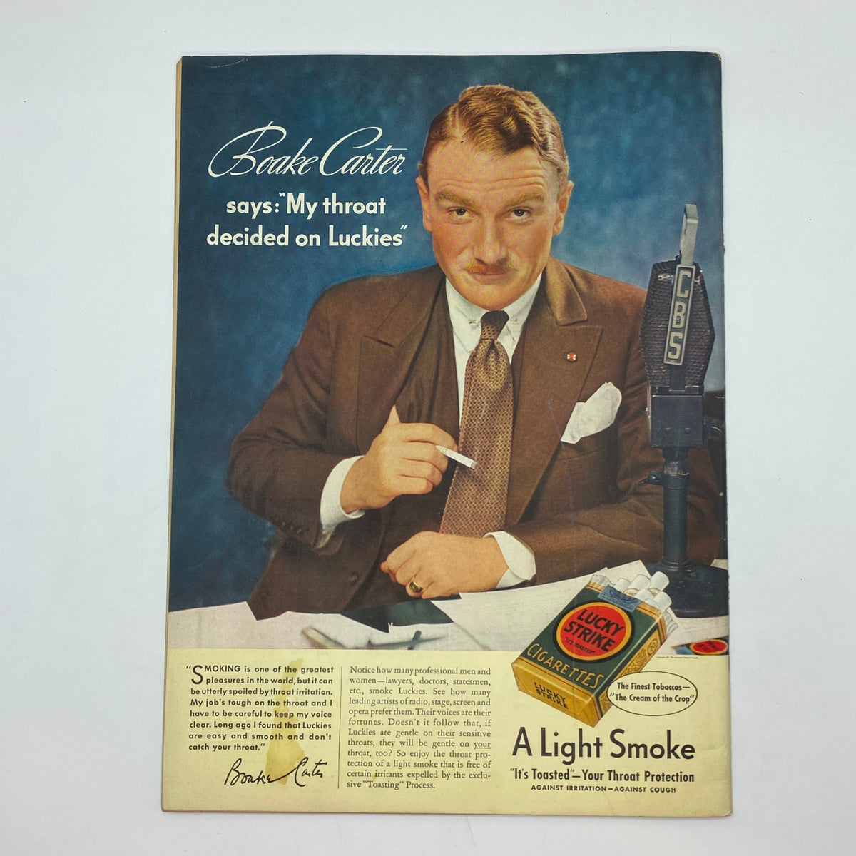 Vintage advertisement from The New Yorker Complete Magazine June 19, 1937 featuring Boake Carter promoting Lucky Strike cigarettes with the tagline 'My throat decided on Luckies'. The ad showcases a dapper gentleman, Boake Carter, in a suit with a cigar in hand, highlighting the product's benefits for throat comfort.