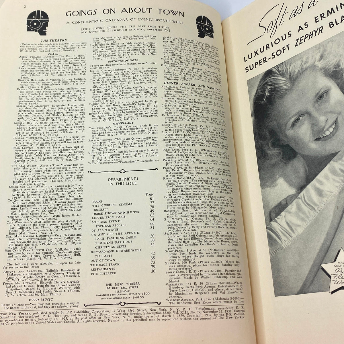 Inside pages of The New Yorker Complete Magazine November 13, 1937 featuring events and calendar, showcasing a vintage layout.