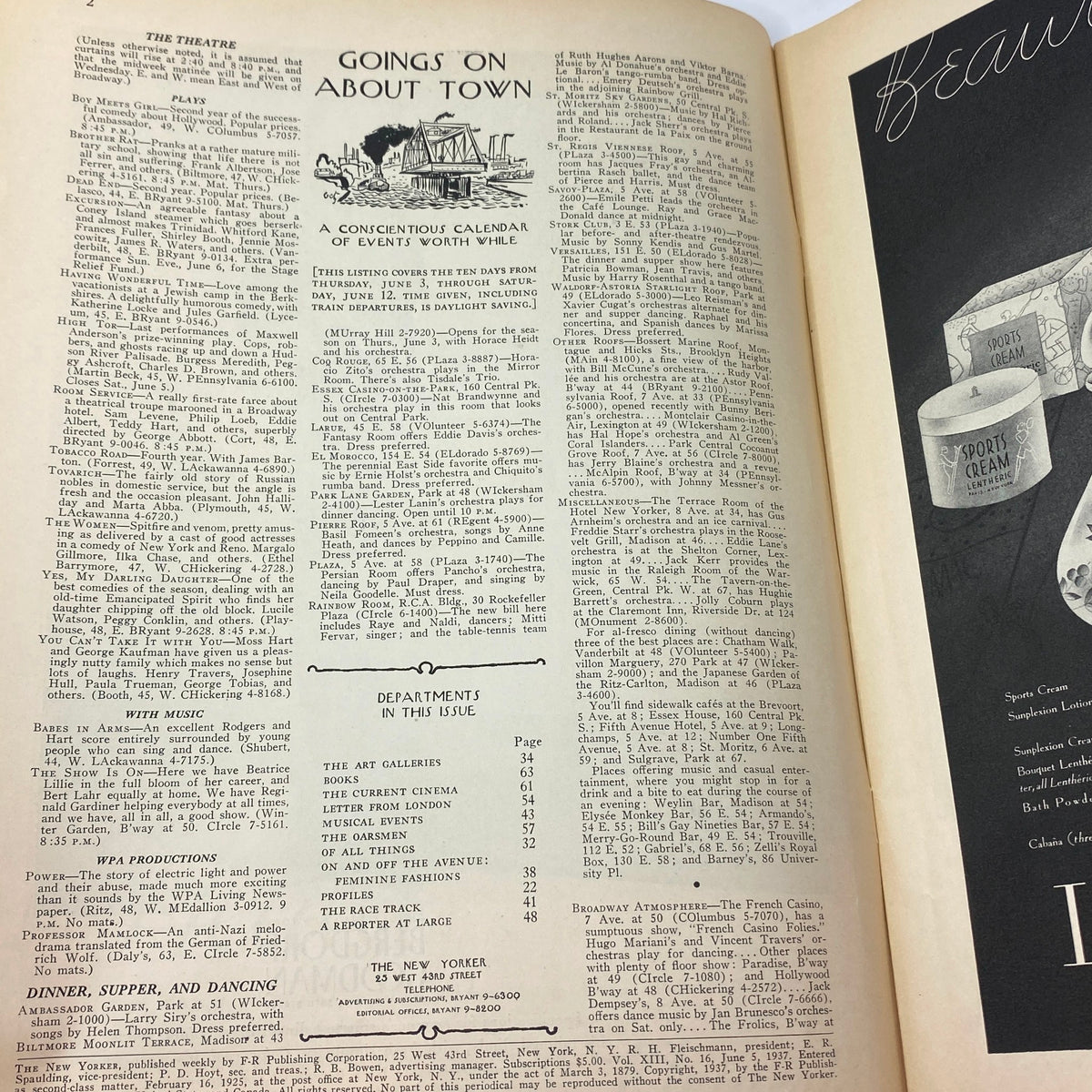 Vintage page from The New Yorker magazine, June 5, 1937, featuring the 'Goings On About Town' events calendar and departments list, highlighting cultural insights of the 1930s.