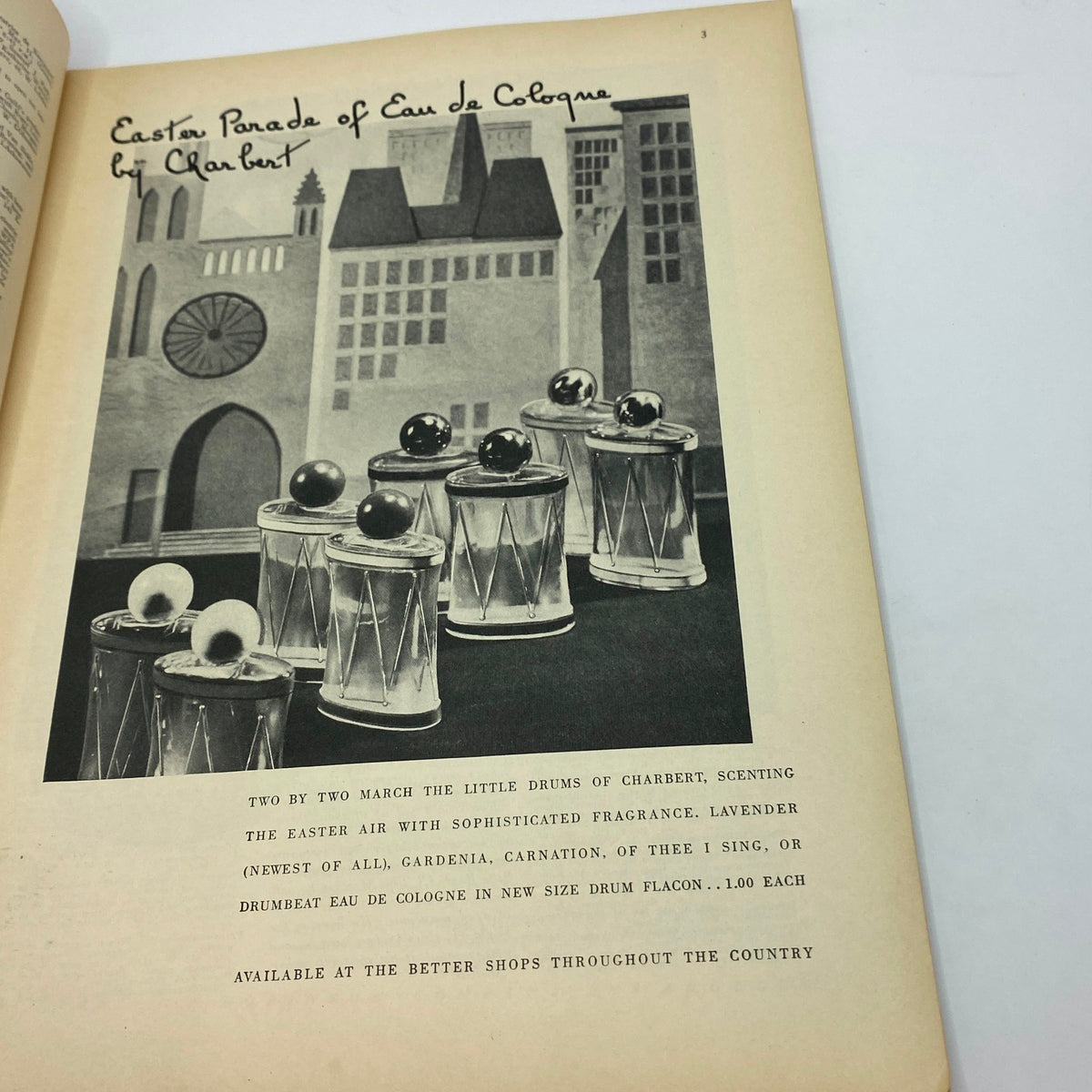 Vintage advertisement for Charbert fragrance in The New Yorker Complete Magazine March 13, 1937. Features artistic representation of perfume bottles and drums against a stylized city backdrop.