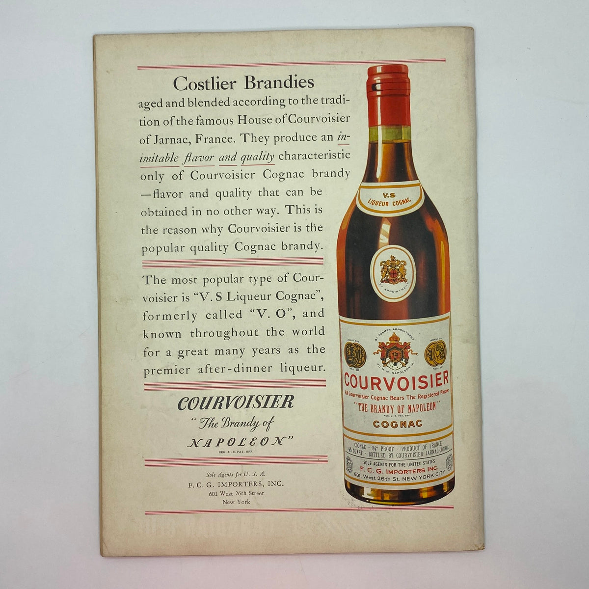 Advertisement for Courvoisier Cognac in The New Yorker Complete Magazine March 13, 1937. Showcases a Cognac bottle with branding details and descriptions of the product.
