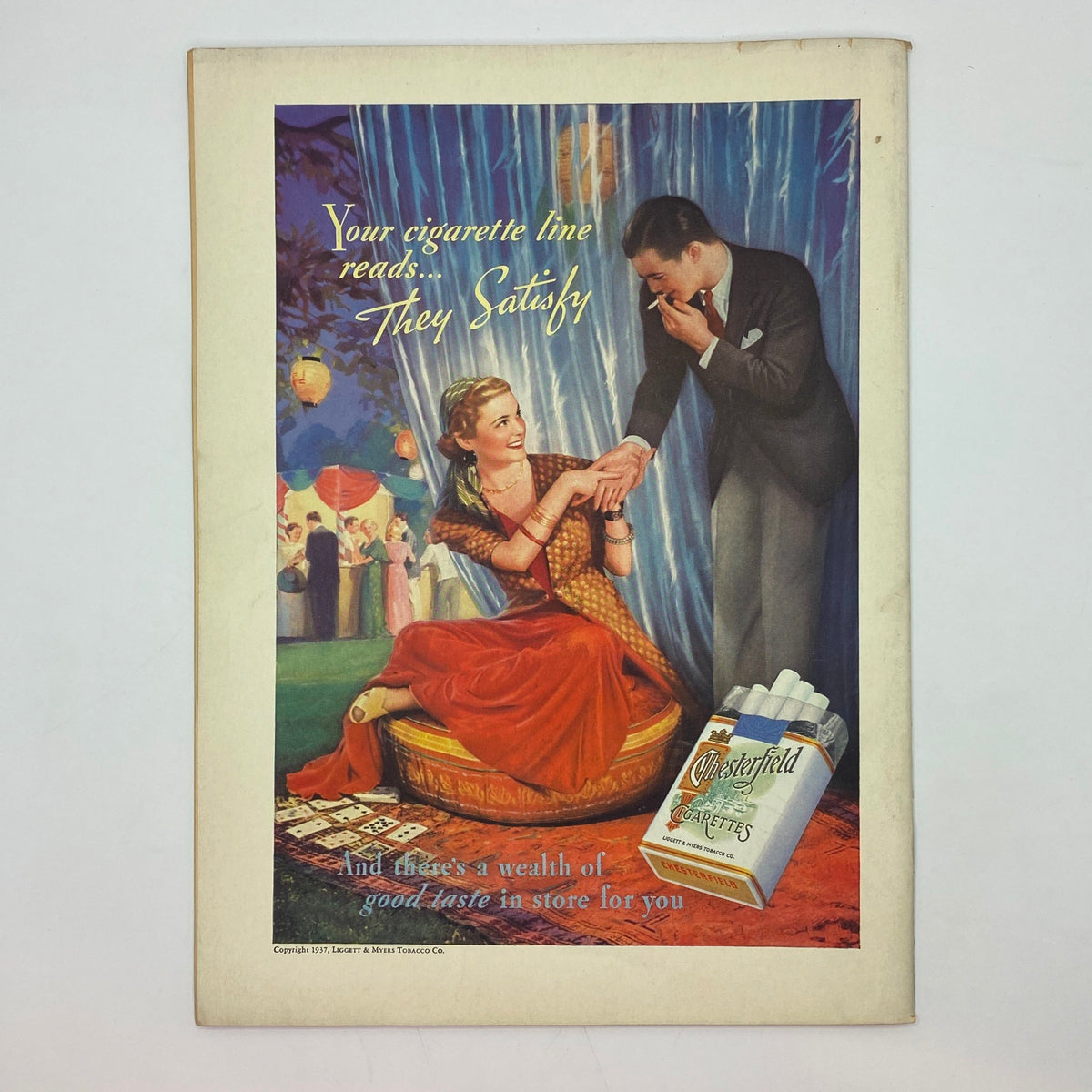 Vintage advertisement for Chesterfield cigarettes in The New Yorker magazine from May 29, 1937, depicting a couple enjoying a social setting, with a tagline about the satisfaction of the cigarette brand.
