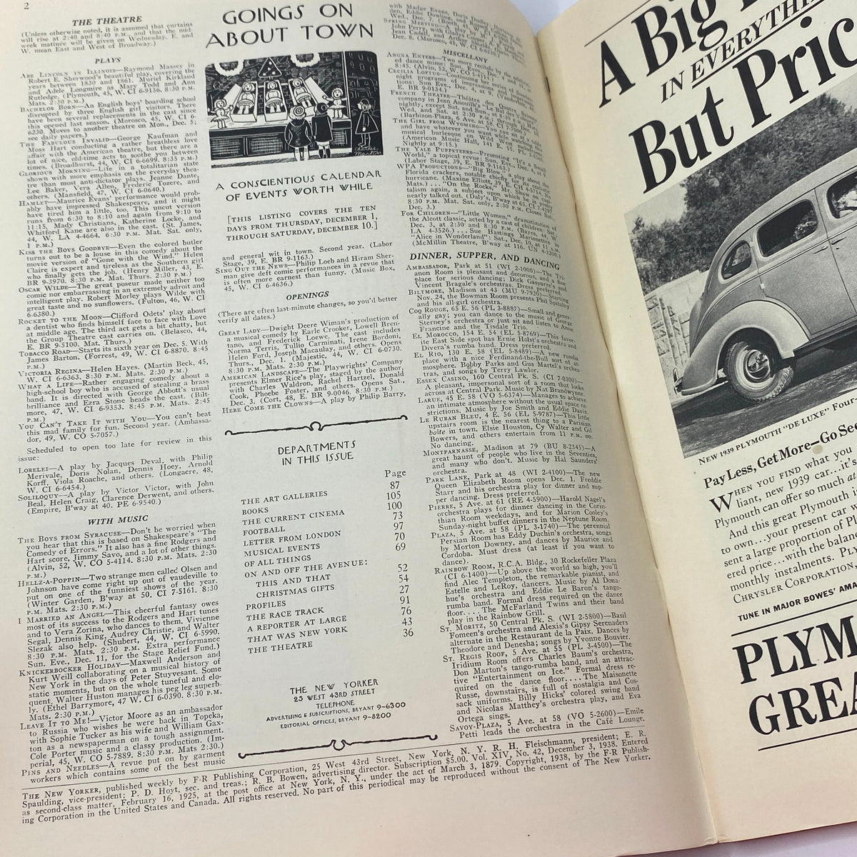 Interior page of The New Yorker magazine from December 3, 1938 featuring the calendar of events and cultural listings, showcasing the vintage charm and design style typical of that era, part of the Perry Barlow cover issue.