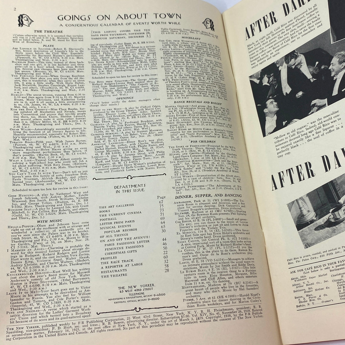 Inside pages of The New Yorker Complete Magazine November 26, 1938, featuring listings of theatre events and entertainment highlights of the era.
