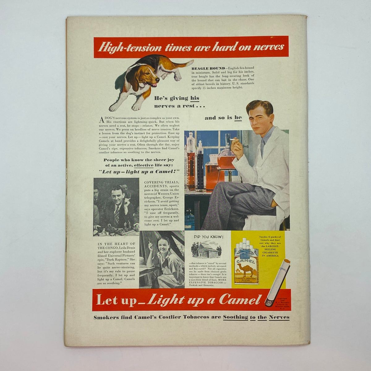 Back cover of The New Yorker Complete Magazine November 26, 1938, featuring a vintage Camel cigarette advertisement highlighting stress relief.