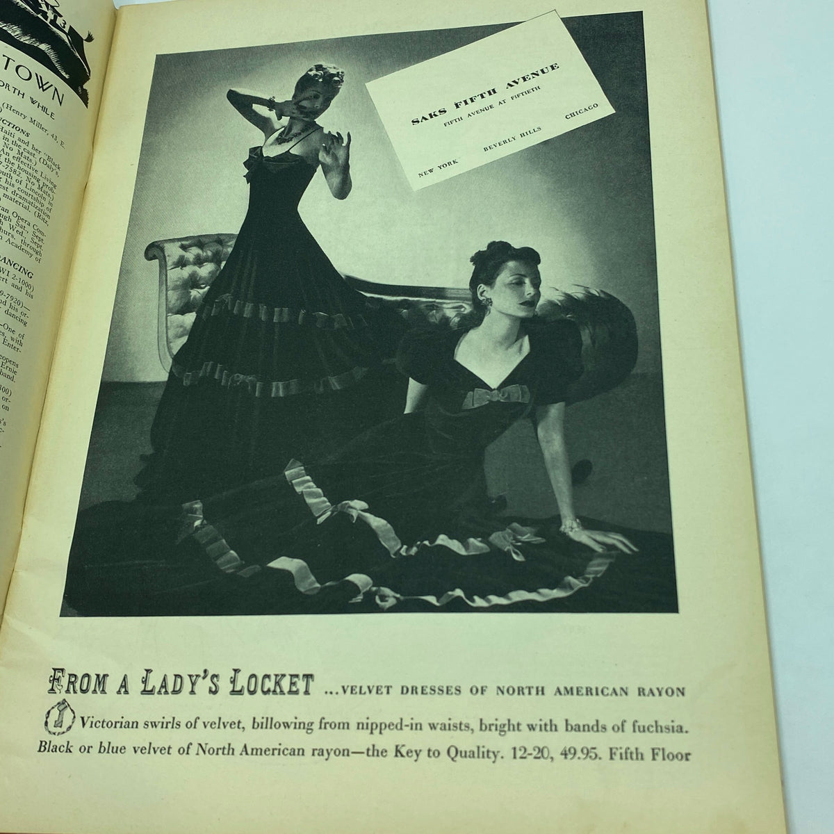 From The New Yorker Magazine September 24, 1938, featuring elegant vintage fashion dresses from Saks Fifth Avenue with models styled in luxurious velvet attire.