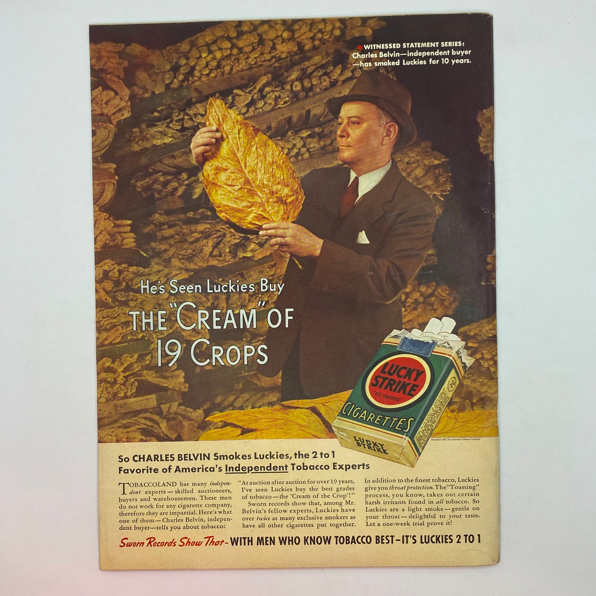 Advertisement from The New Yorker Magazine September 24, 1938, showcasing Charles Belvin with Lucky Strike cigarettes, emphasizing quality tobacco selection.