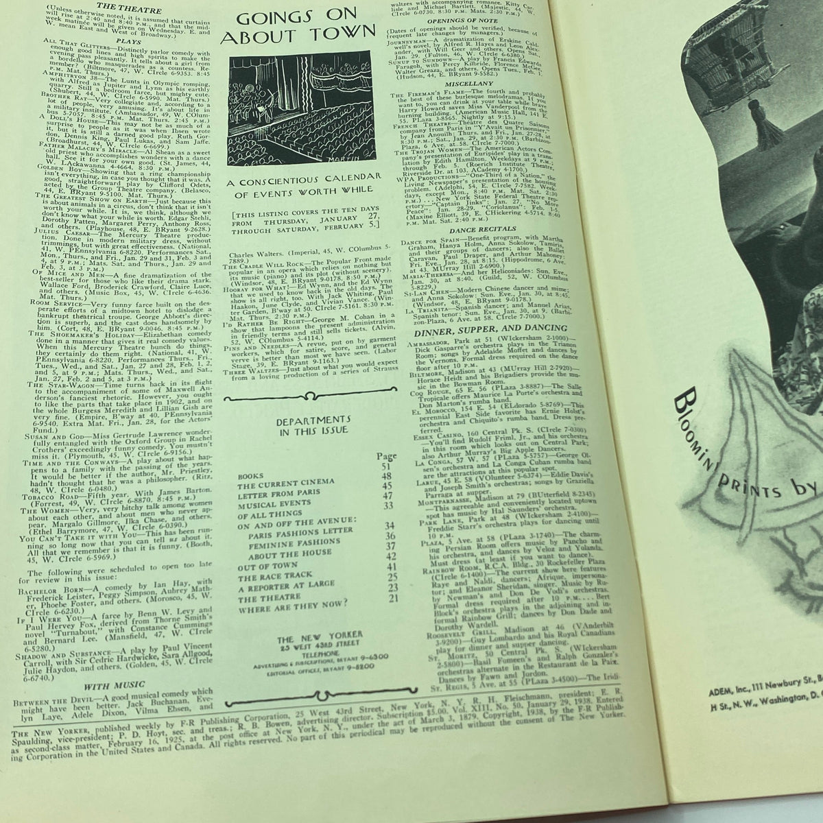 Interior page from The New Yorker Complete Magazine January 29, 1938 featuring a theatrical calendar and various listings.