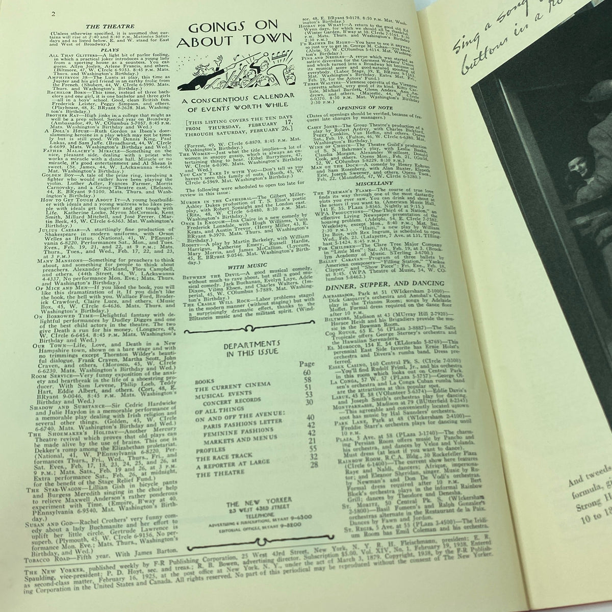 Interior page of The New Yorker Complete Magazine February 19, 1938 featuring calendar of events, including plays and other listings, showcasing the magazine's rich cultural context.