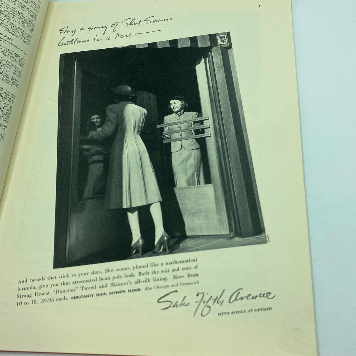 Fashion advertisement in The New Yorker Complete Magazine February 19, 1938 displaying a woman in a stylish coat, advertising the latest trends and highlighting elegant attire.