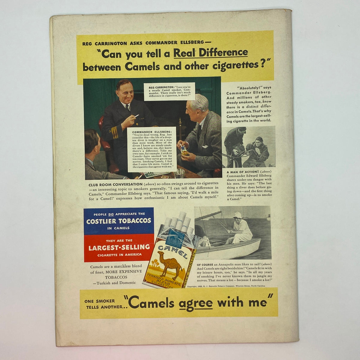 Vintage cigarette advertisement in The New Yorker Complete Magazine February 19, 1938 featuring a conversation about Camel cigarettes, showcasing advertising techniques of the era.