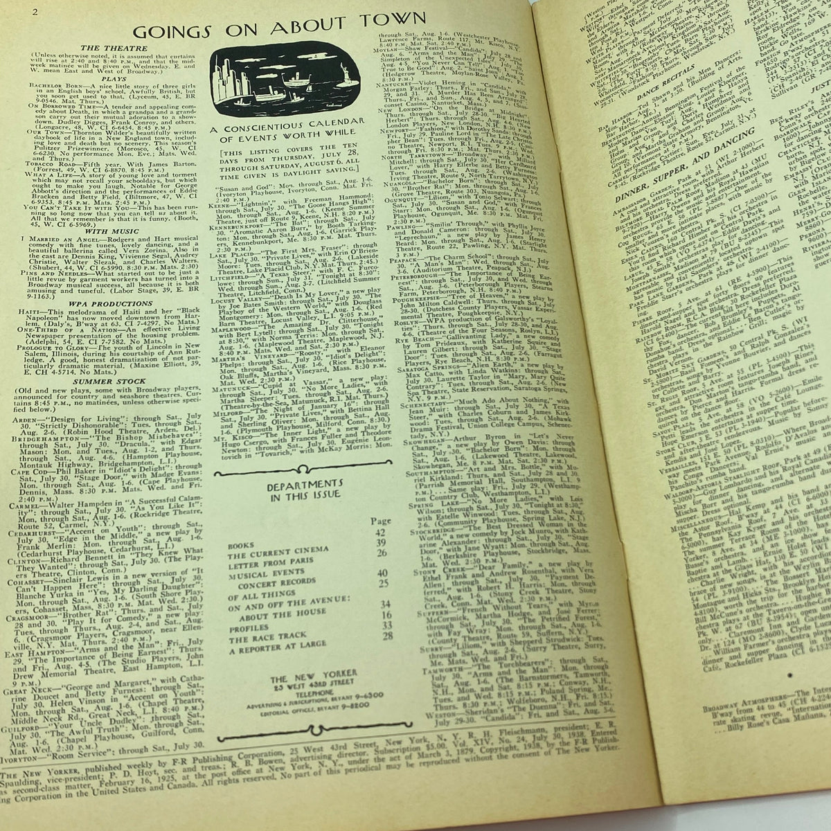 Interior page featuring 'Goings On About Town' section from The New Yorker complete magazine July 30, 1938 Constantin Alajalov cover, including listings for theatre plays and events.