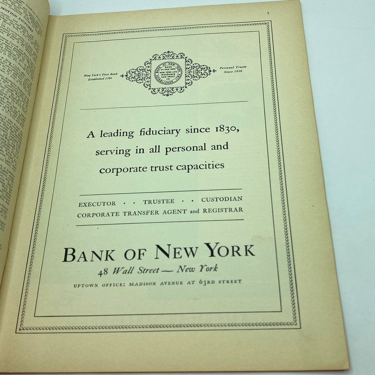 Interior page advertisement from The New Yorker magazine July 30, 1938 featuring Bank of New York advertisement with a history tagline.