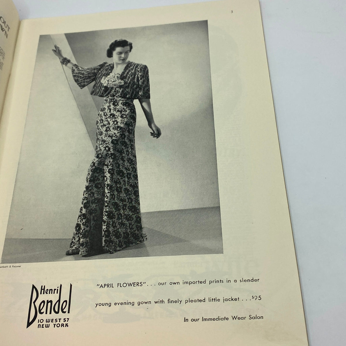 Fashion advertisement showcasing an evening gown from Henri Bendel in The New Yorker Complete Magazine March 26, 1938.