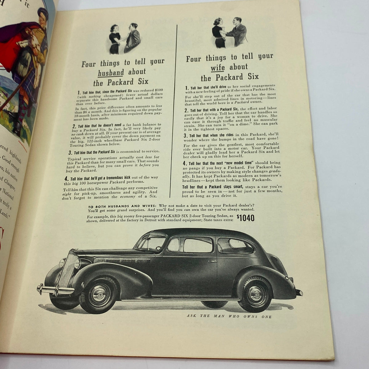 Advertisement page from The New Yorker Complete Magazine August 6, 1938, featuring a promotional piece for the Packard Six car, highlighting its features with illustrations.