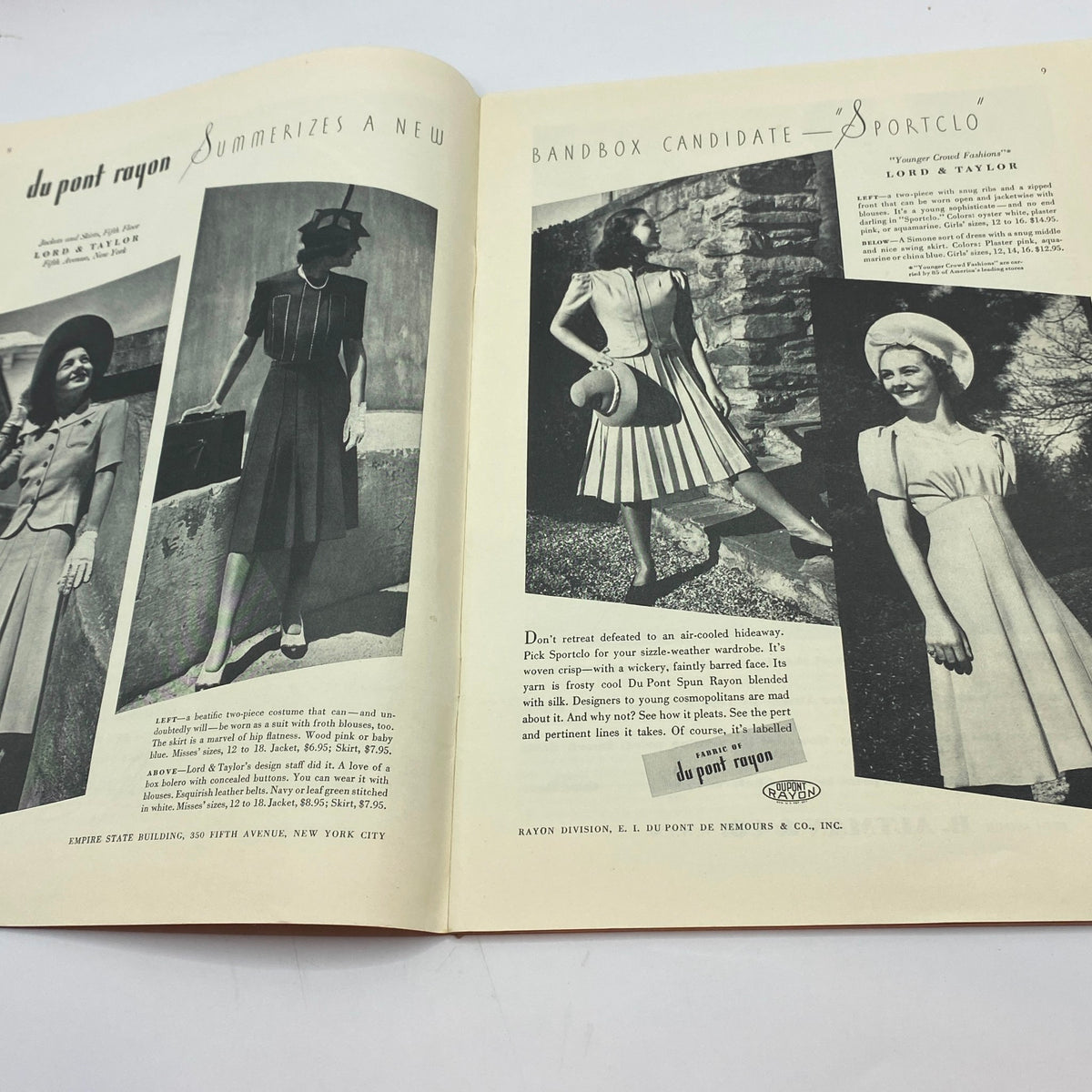 Fashion advertisement in The New Yorker magazine from May 7, 1938, showcasing women's clothing styles by Lord & Taylor, illustrating vintage fashion trends.