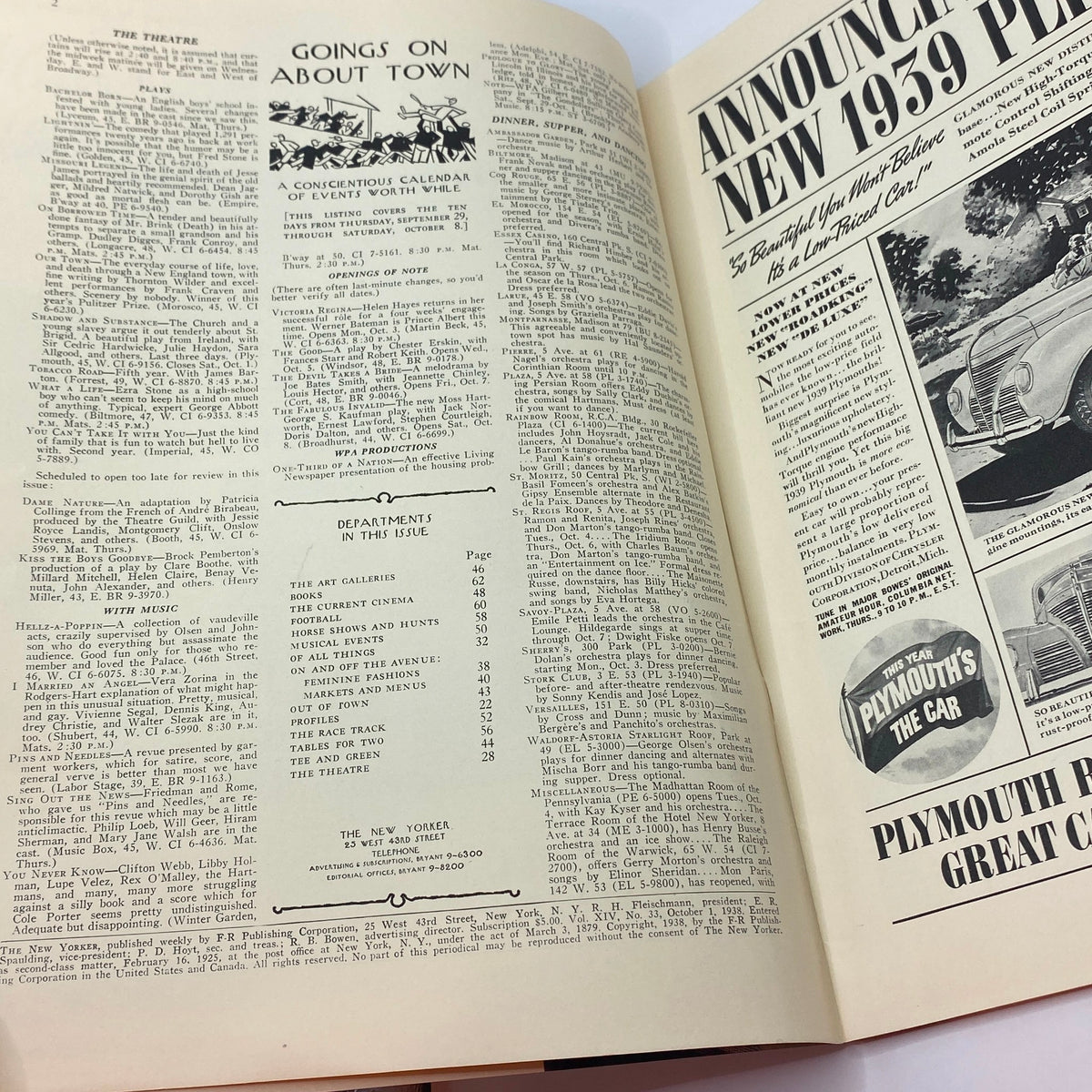 Interior pages of The New Yorker magazine from October 1, 1938 featuring a calendar of events and advertisements, showcasing vintage culture and design.