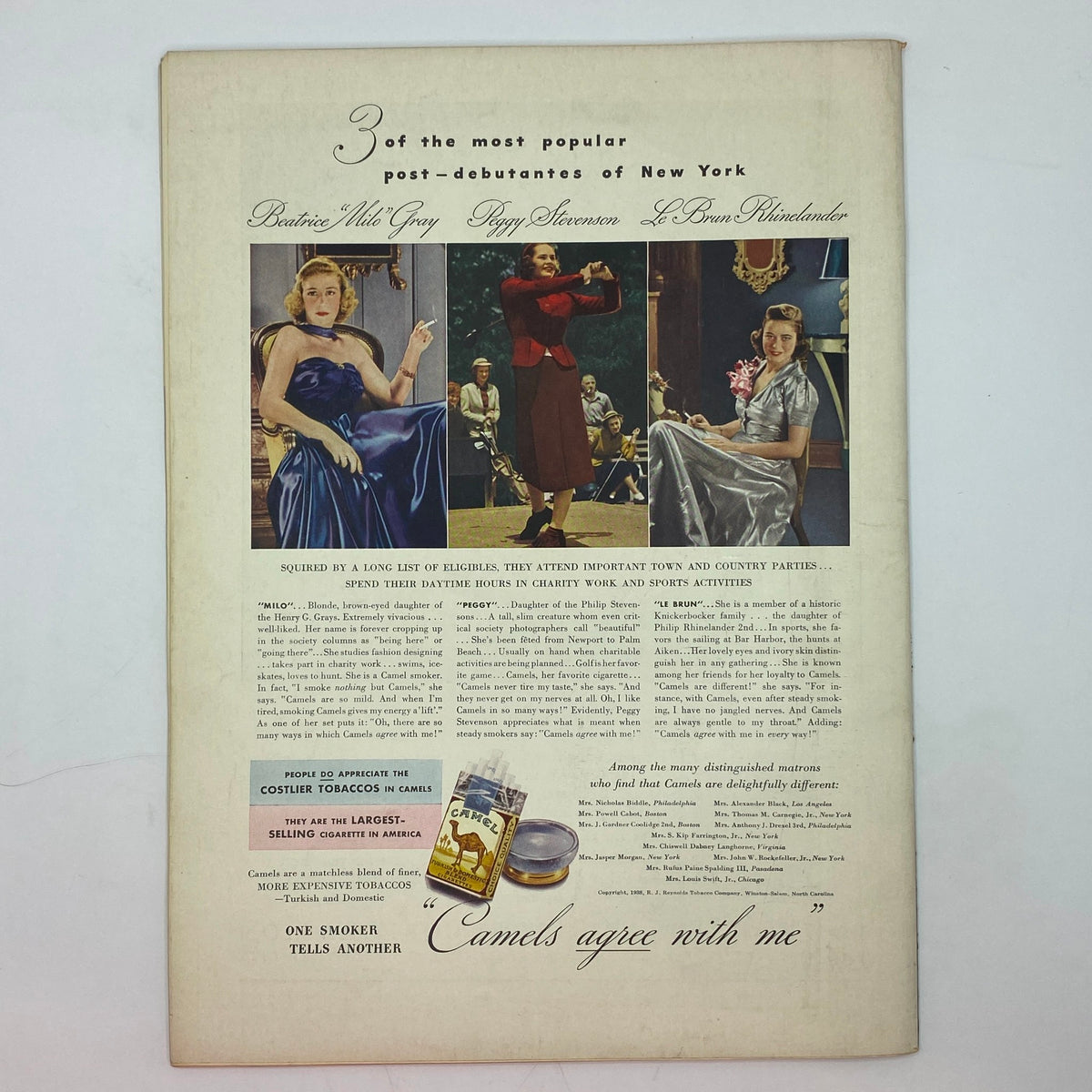 A vintage advertisement page from The New Yorker magazine, October 1, 1938, highlighting prominent New York post-debutantes and promoting Camel cigarettes.