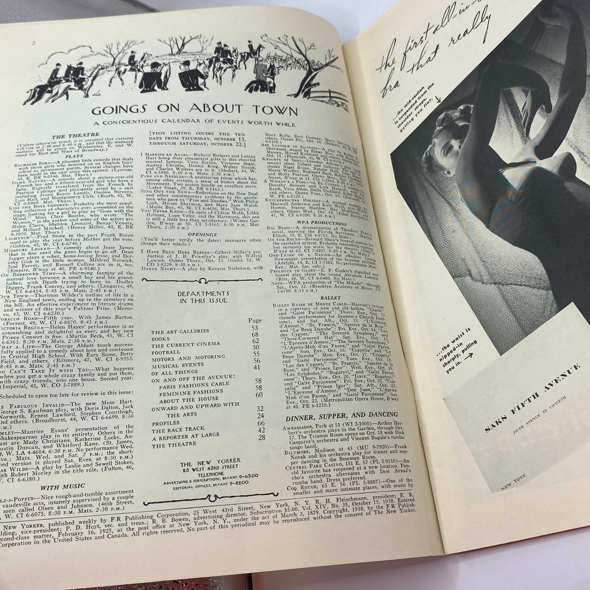 Interior page of The New Yorker Complete Magazine October 15, 1938 featuring the section 'Goings On About Town' detailing upcoming events and cultural highlights.